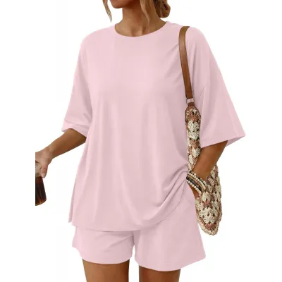 Women Fashion Casual Solid Color Round-Neck Short-Sleeve T-Shirt Loose Shorts With Pockets Two-Piece Set