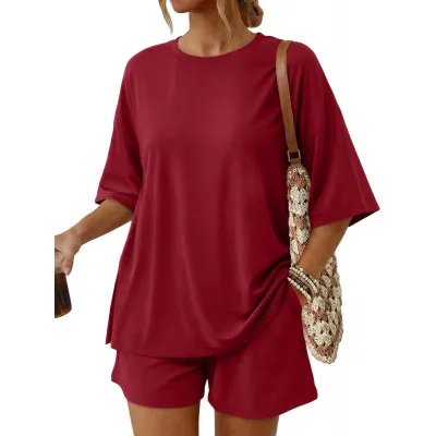 Women Fashion Casual Solid Color Round-Neck Short-Sleeve T-Shirt Loose Shorts With Pockets Two-Piece Set