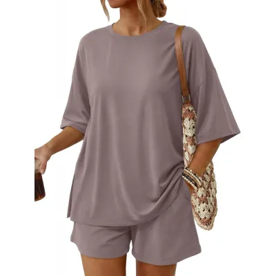 Women Fashion Casual Solid Color Round-Neck Short-Sleeve T-Shirt Loose Shorts With Pockets Two-Piece Set