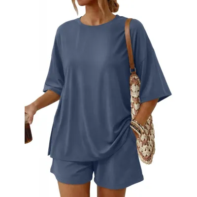Women Fashion Casual Solid Color Round-Neck Short-Sleeve T-Shirt Loose Shorts With Pockets Two-Piece Set
