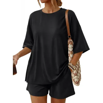 Women Fashion Casual Solid Color Round-Neck Short-Sleeve T-Shirt Loose Shorts With Pockets Two-Piece Set