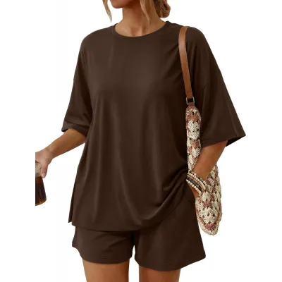 Women Fashion Casual Solid Color Round-Neck Short-Sleeve T-Shirt Loose Shorts With Pockets Two-Piece Set