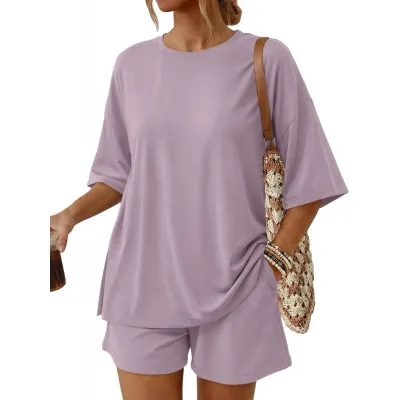 Women Fashion Casual Solid Color Round-Neck Short-Sleeve T-Shirt Loose Shorts With Pockets Two-Piece Set