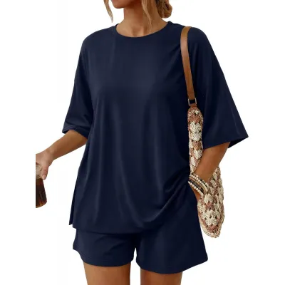 Women Fashion Casual Solid Color Round-Neck Short-Sleeve T-Shirt Loose Shorts With Pockets Two-Piece Set