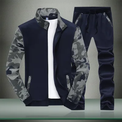 Men Fashion Camouflage Color Block Long-Sleeve Jacket Pants Sports Two-Piece Set