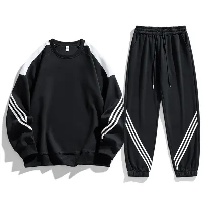 Men Casual Color Block Stripe Long Sleeve Sweatshirt and Pants Sports Two-Piece Set