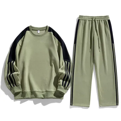 Men Casual Color Block Stripe Long Sleeve Sweatshirt and Pants Sports Two-Piece Set