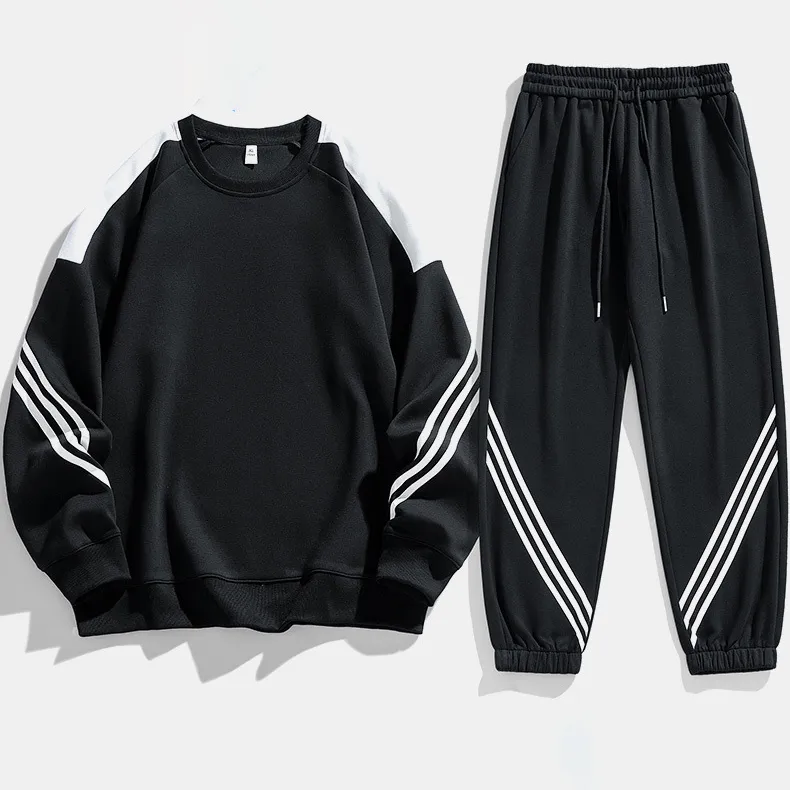 Men Casual Color Block Stripe Long Sleeve Sweatshirt and Pants Sports Two-Piece Set