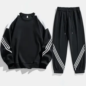 Men Casual Color Block Stripe Long Sleeve Sweatshirt and Pants Sports Two-Piece Set