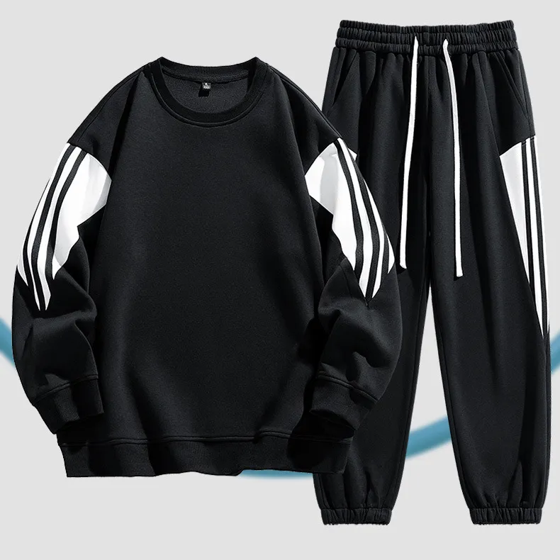 Men Casual Stripe Long Sleeve Sweatshirt and Pants Two-Piece Sports Set