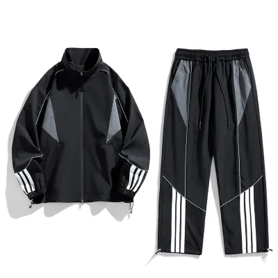 Men Fashion Casual Spring Autumn Color Block Long-Sleeve Jacket Loose Pants Sports Two-Piece Set