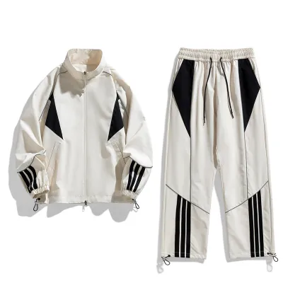 Men Fashion Casual Spring Autumn Color Block Long-Sleeve Jacket Loose Pants Sports Two-Piece Set