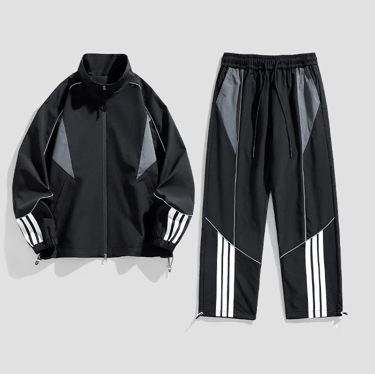 Men Fashion Casual Spring Autumn Color Block Long-Sleeve Jacket Loose Pants Sports Two-Piece Set