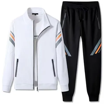 Men Fashion Casual Spring Autumn Stripe Long-Sleeve Jacket and Pants Sports Two-Piece Set