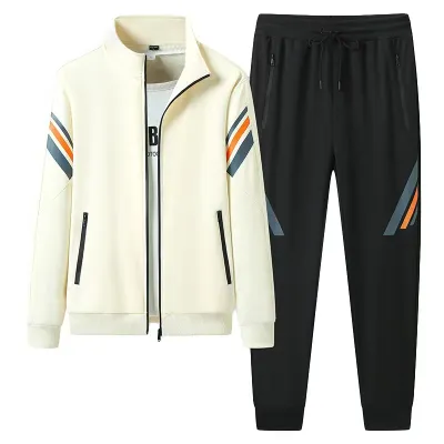 Men Fashion Casual Spring Autumn Stripe Long-Sleeve Jacket and Pants Sports Two-Piece Set