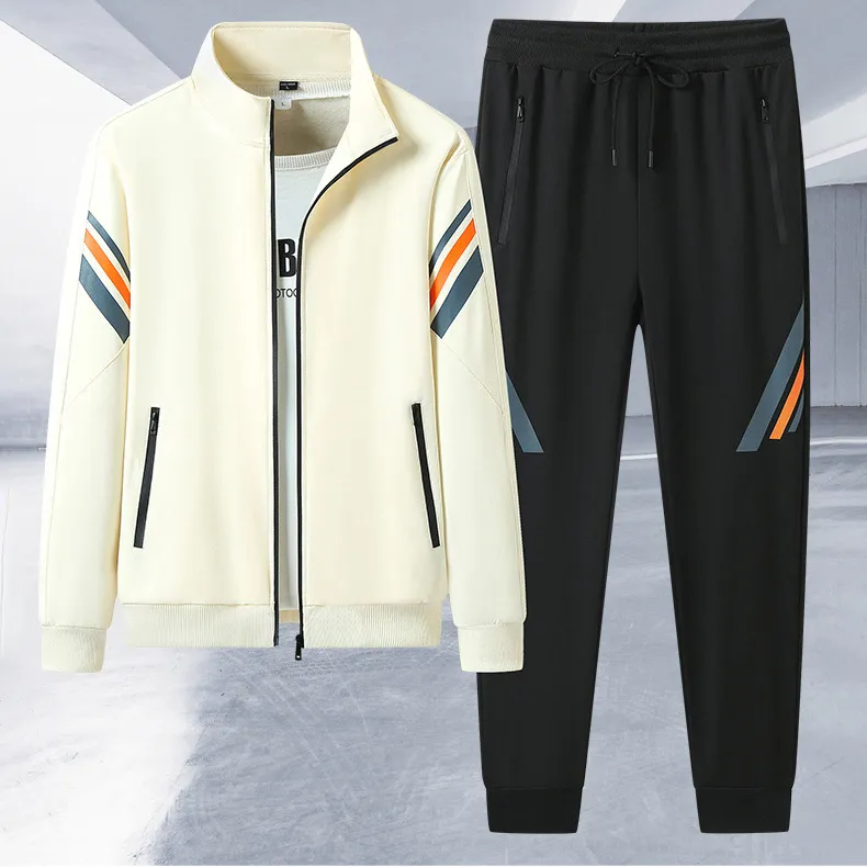 Men Fashion Casual Spring Autumn Stripe Long-Sleeve Jacket and Pants Sports Two-Piece Set