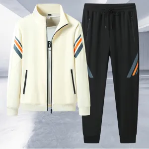 Men Fashion Casual Spring Autumn Stripe Long-Sleeve Jacket and Pants Sports Two-Piece Set