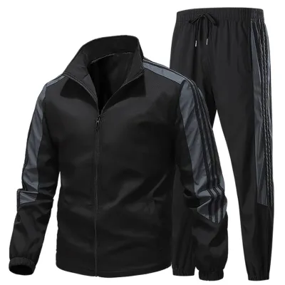 Men's Fashion Color Block Spring Autumn Long-Sleeve Zipper Jacket and Pants Sports Two-Piece Set
