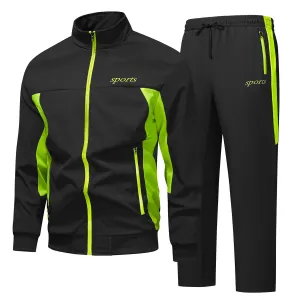 Men's Fashion Casual Spring Autumn Thin Color Block Long Sleeve Jacket Pants Sports Two Piece Set