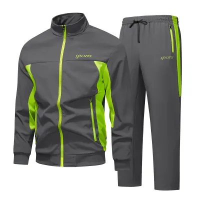 Men's Fashion Casual Spring Autumn Thin Color Block Long Sleeve Jacket Pants Sports Two Piece Set