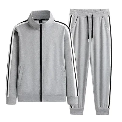 Men's Casual Stripe Long-Sleeve Zipper Jacket and Shorts Sports Two-Piece Set
