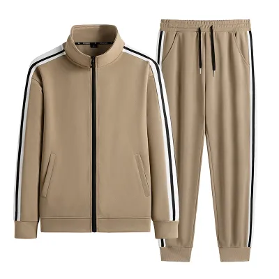 Men's Casual Stripe Long-Sleeve Zipper Jacket and Shorts Sports Two-Piece Set