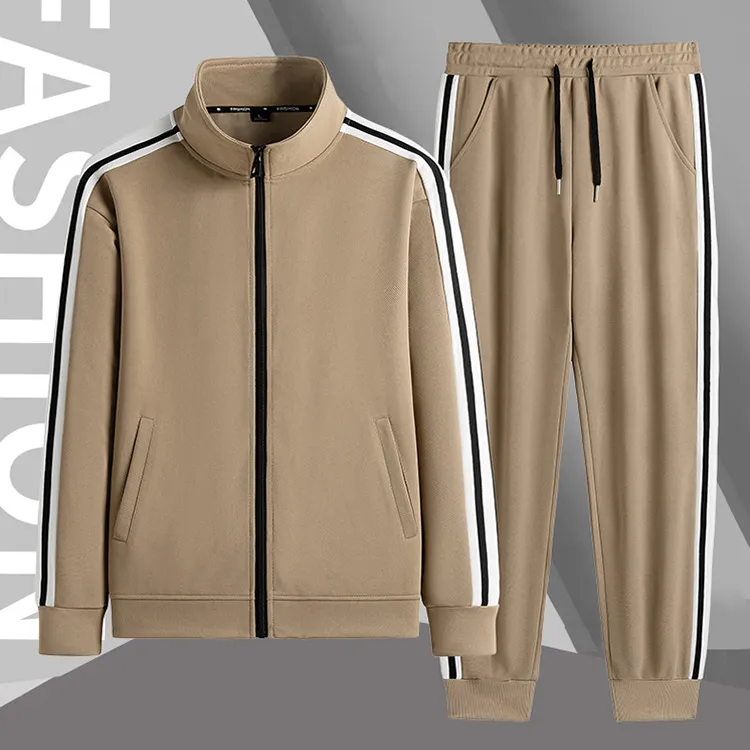 Men's Casual Stripe Long-Sleeve Zipper Jacket and Shorts Sports Two-Piece Set