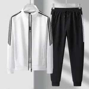 Men's Fashion Casual Stripe Long-Sleeve Zipper Jacket Pants Sports Two-Piece Set