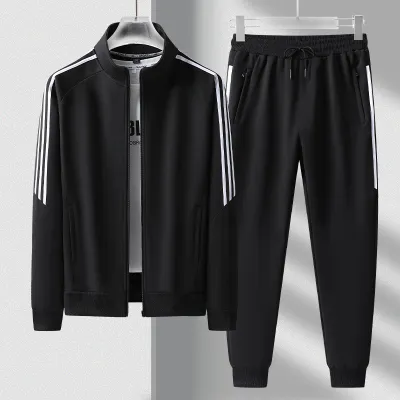 Men's Fashion Casual Stripe Long-Sleeve Zipper Jacket Pants Sports Two-Piece Set