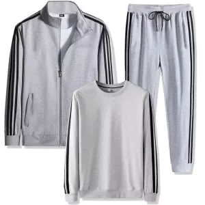 Men Sports Casual Three-Piece Set Long-Sleeve Jacket Pants Stripe Sweatshirt Thin Spring Autumn