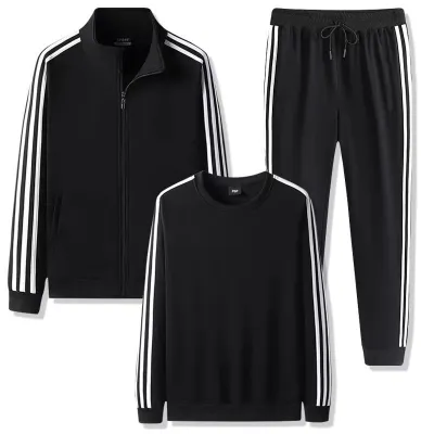 Men Sports Casual Three-Piece Set Long-Sleeve Jacket Pants Stripe Sweatshirt Thin Spring Autumn