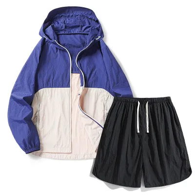 Men's Fashion Color Block Summer Outdoor UPF 50+ Long-Sleeve Coat and Loose Shorts Sports Set