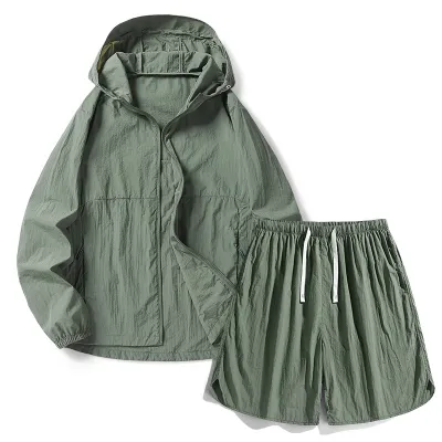 Men's Fashion Color Block Summer Outdoor UPF 50+ Long-Sleeve Coat and Loose Shorts Sports Set