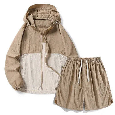 Men's Fashion Color Block Summer Outdoor UPF 50+ Long-Sleeve Coat and Loose Shorts Sports Set