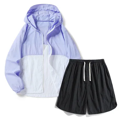 Men's Fashion Color Block Summer Outdoor UPF 50+ Long-Sleeve Coat and Loose Shorts Sports Set