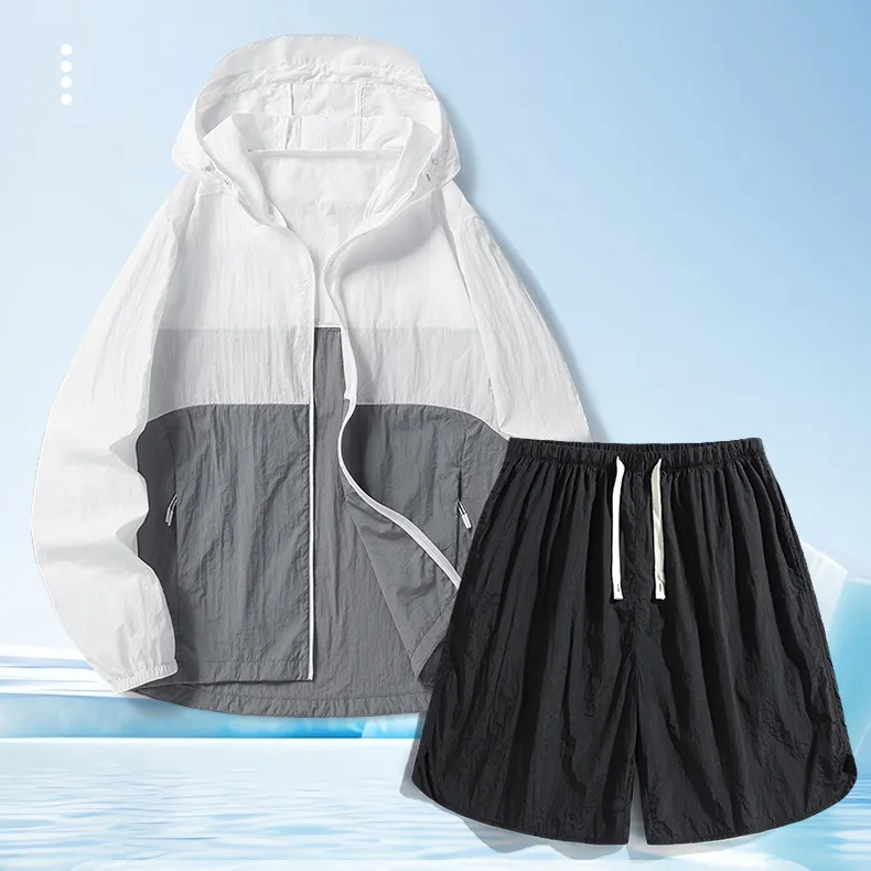 Men's Fashion Color Block Summer Outdoor UPF 50+ Long-Sleeve Coat and Loose Shorts Sports Set