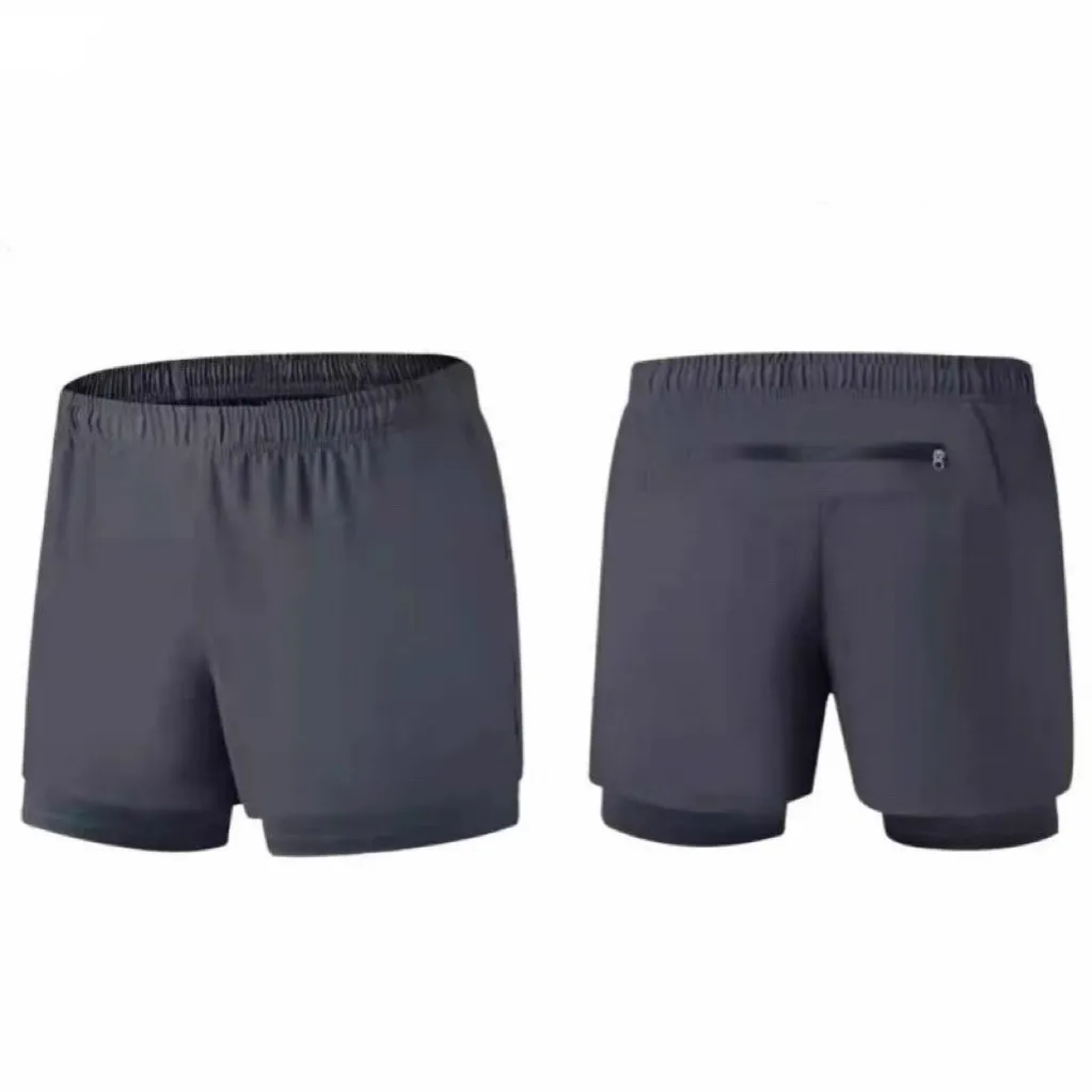 Men's Double Layer Sports Shorts Solid Color Casual Elastic Straight Leg