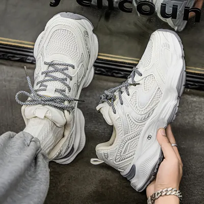 Men's Fashion Breathable Mesh Thick-Soled Sneakers with Color Blocking and Lace Up