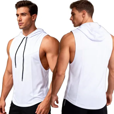 Men Fashion Casual Solid Color High Elastic Fitness Sports Quick-Drying Hooded Tank Top