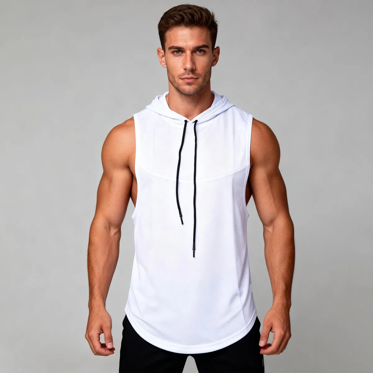 Men Fashion Casual Solid Color High Elastic Fitness Sports Quick-Drying Hooded Tank Top