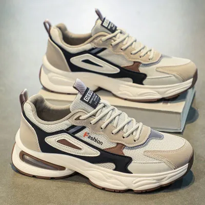 Men's Casual Breathable Mesh PU Lace Up Thick Sole Sneakers