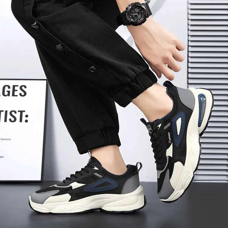 Men's Casual Breathable Mesh PU Lace Up Thick Sole Sneakers