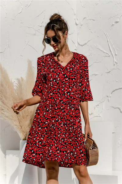 Spring And Summer Women'S Casual Printed Bell Sleeve Loose-Fit Dress