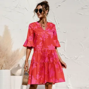 Spring And Summer Women'S Casual Printed Bell Sleeve Loose-Fit Dress