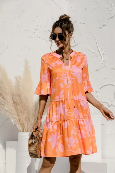 Spring And Summer Women'S Casual Printed Bell Sleeve Loose-Fit Dress
