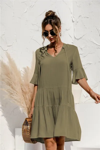 Spring And Summer Women'S Casual Printed Bell Sleeve Loose-Fit Dress