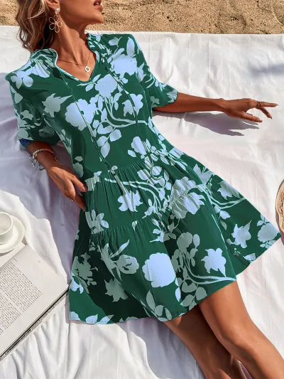 Spring And Summer Women'S Casual Printed Bell Sleeve Loose-Fit Dress