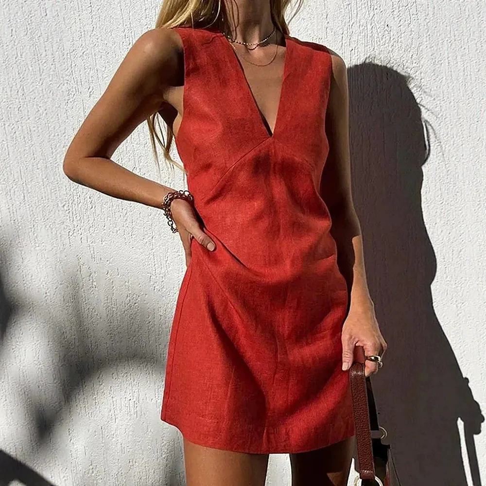 Women Casual Solid Color V-Neck Cotton Linen Sleeveless Dress