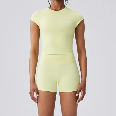 Women Fashion Casual Solid Color Short-Sleeve T-Shirt Tight High Waist Shorts Quick-Drying Sports Yoga Two-Piece Set