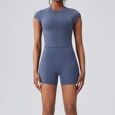 Women Fashion Casual Solid Color Short-Sleeve T-Shirt Tight High Waist Shorts Quick-Drying Sports Yoga Two-Piece Set